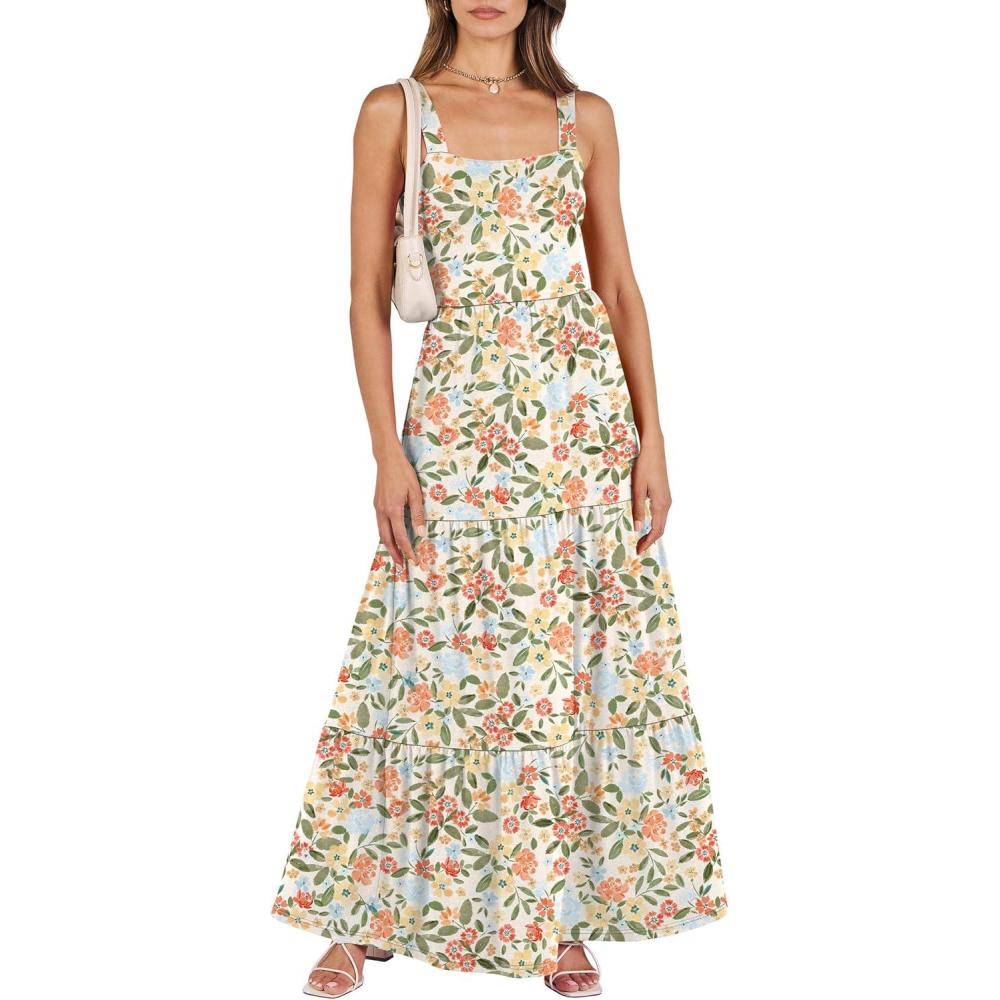 imageANRABESS Womens Summer Casual Long Maxi Beach Vacation Dresses Sleeveless Square Neck Flowy Tiered Sun Dress with PocketsOrange Green Floral