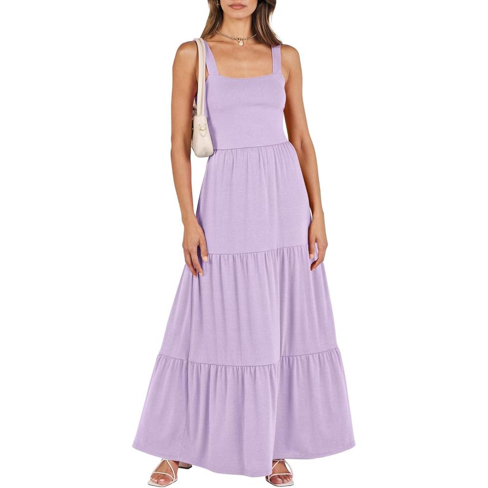 imageANRABESS Womens Summer Casual Long Maxi Beach Vacation Dresses Sleeveless Square Neck Flowy Tiered Sun Dress with PocketsPurple
