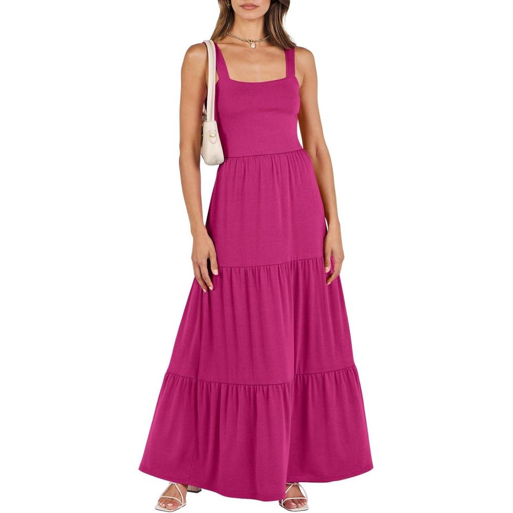 imageANRABESS Womens Summer Casual Long Maxi Beach Vacation Dresses Sleeveless Square Neck Flowy Tiered Sun Dress with PocketsRose Pink
