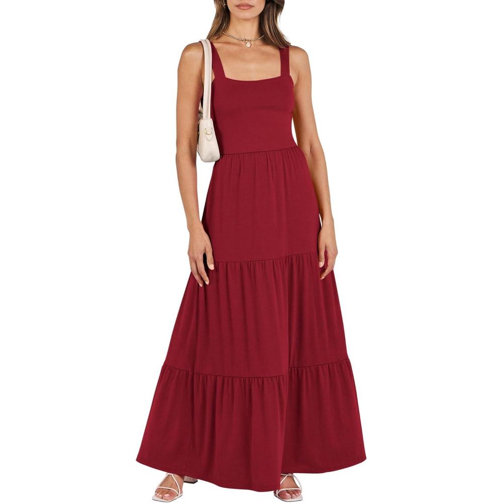imageANRABESS Womens Summer Casual Long Maxi Beach Vacation Dresses Sleeveless Square Neck Flowy Tiered Sun Dress with PocketsWine Red
