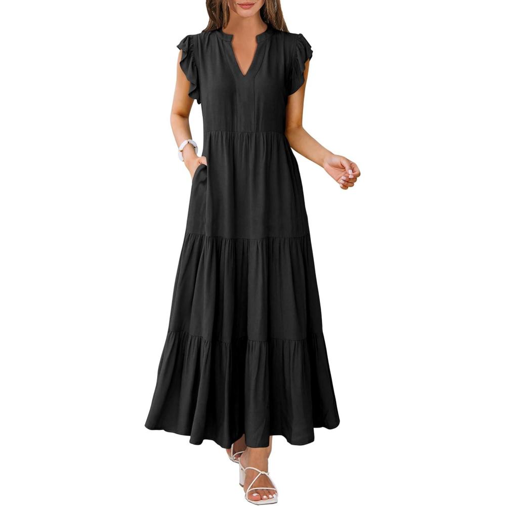 imageANRABESS Womens Summer Casual Maxi Dress V Neck Ruffle Sleeve Long Dresses Fashion Flowy Tiered Boho Beach Vacation SundressBlack