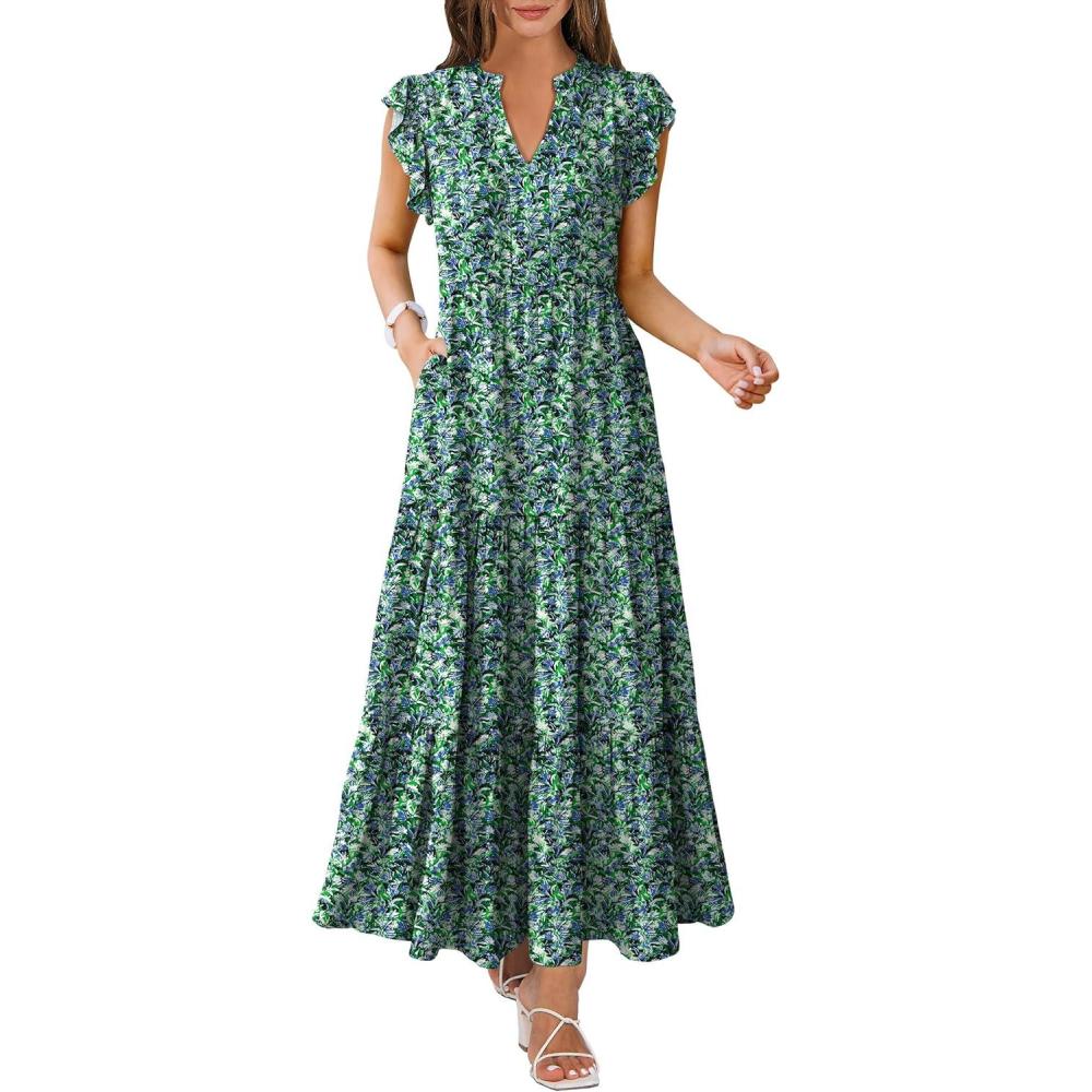 imageANRABESS Womens Summer Casual Maxi Dress V Neck Ruffle Sleeve Long Dresses Fashion Flowy Tiered Boho Beach Vacation SundressBlue Green Floral