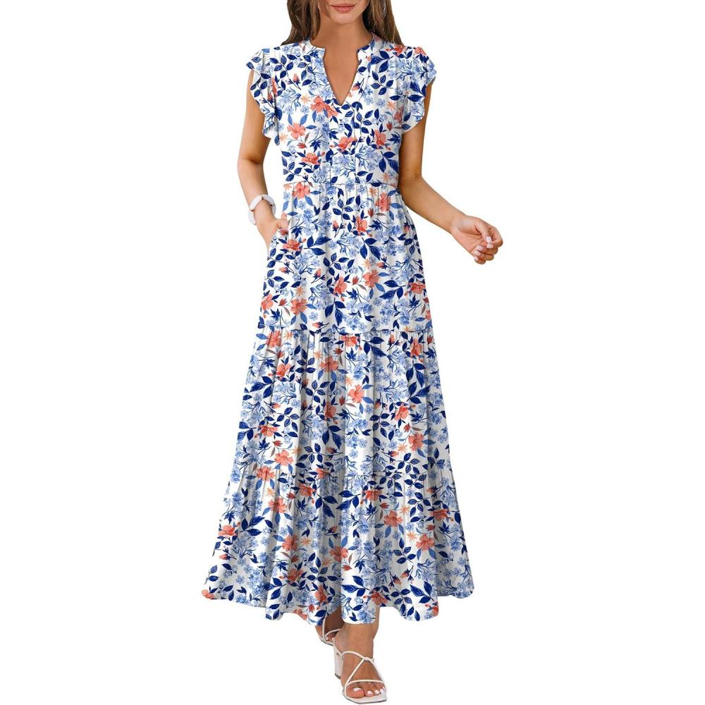 imageANRABESS Womens Summer Casual Maxi Dress V Neck Ruffle Sleeve Long Dresses Fashion Flowy Tiered Boho Beach Vacation SundressBlue Orange Floral