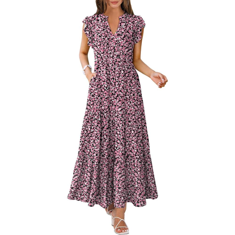 imageANRABESS Womens Summer Casual Maxi Dress V Neck Ruffle Sleeve Long Dresses Fashion Flowy Tiered Boho Beach Vacation SundressFloral Black Pink