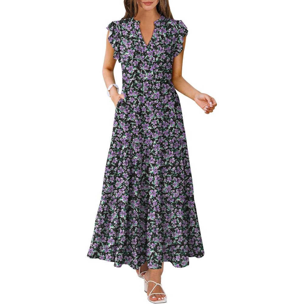 imageANRABESS Womens Summer Casual Maxi Dress V Neck Ruffle Sleeve Long Dresses Fashion Flowy Tiered Boho Beach Vacation SundressFloral Black Purple
