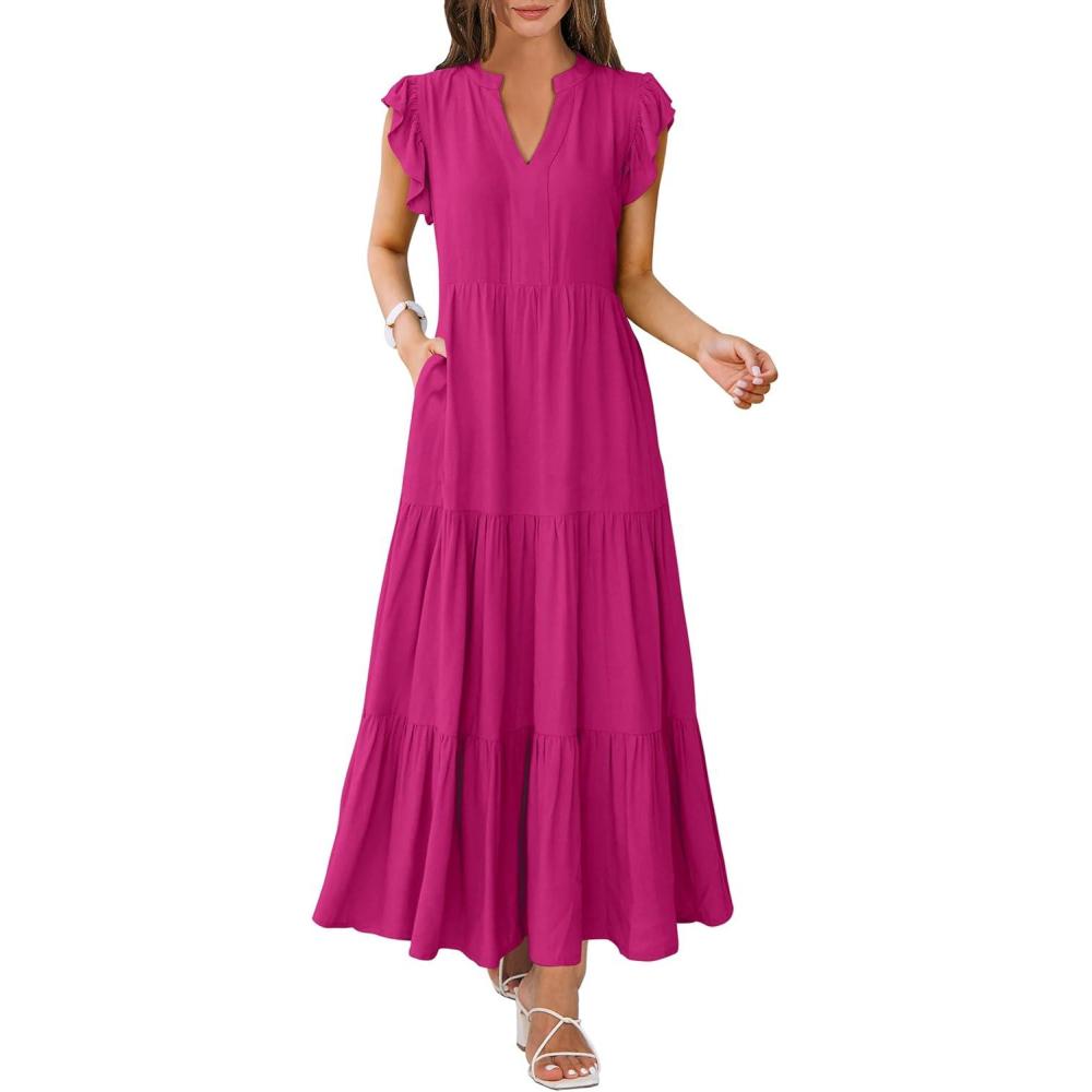 imageANRABESS Womens Summer Casual Maxi Dress V Neck Ruffle Sleeve Long Dresses Fashion Flowy Tiered Boho Beach Vacation SundressHot Pink