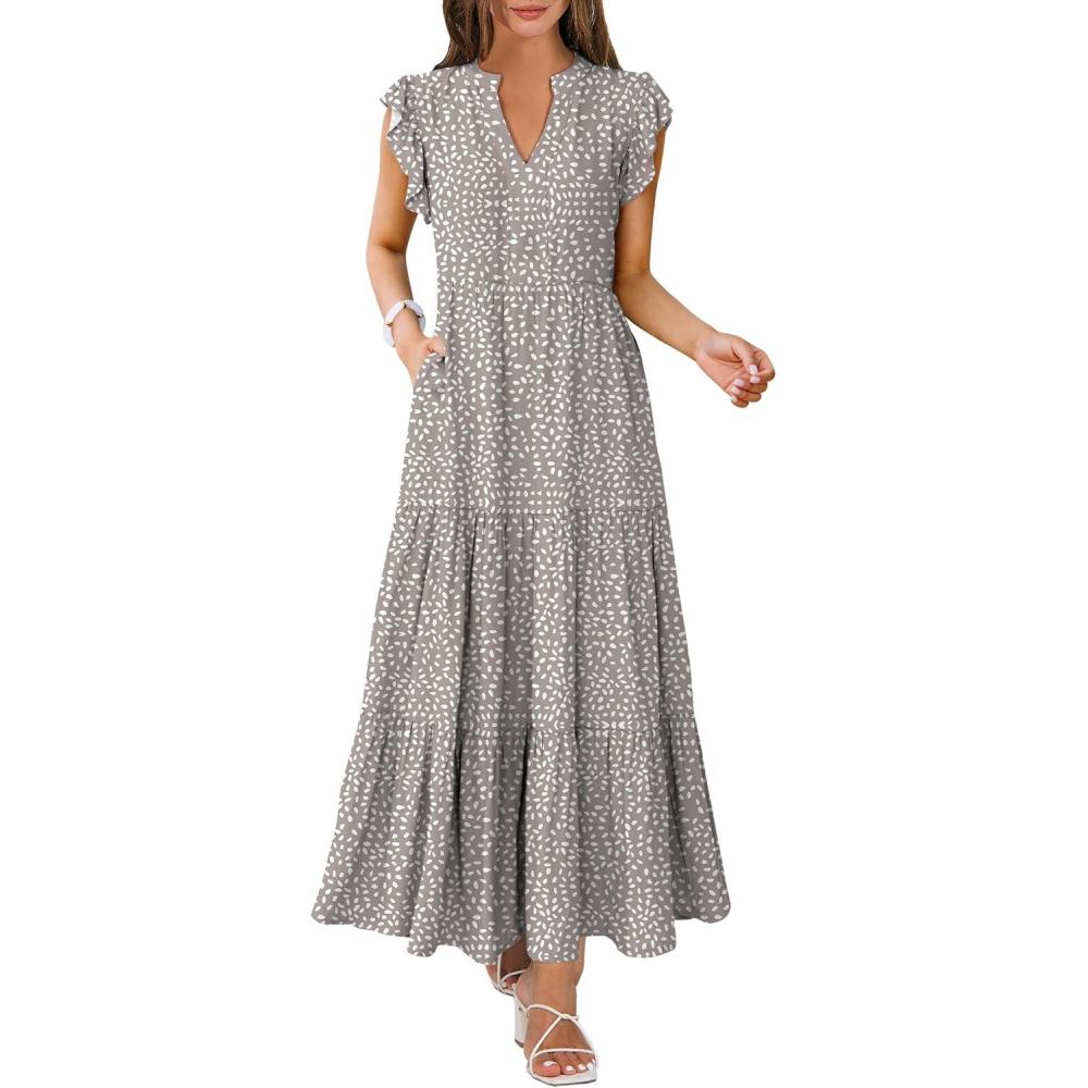 imageANRABESS Womens Summer Casual Maxi Dress V Neck Ruffle Sleeve Long Dresses Fashion Flowy Tiered Boho Beach Vacation SundressKhaki Polka Dot