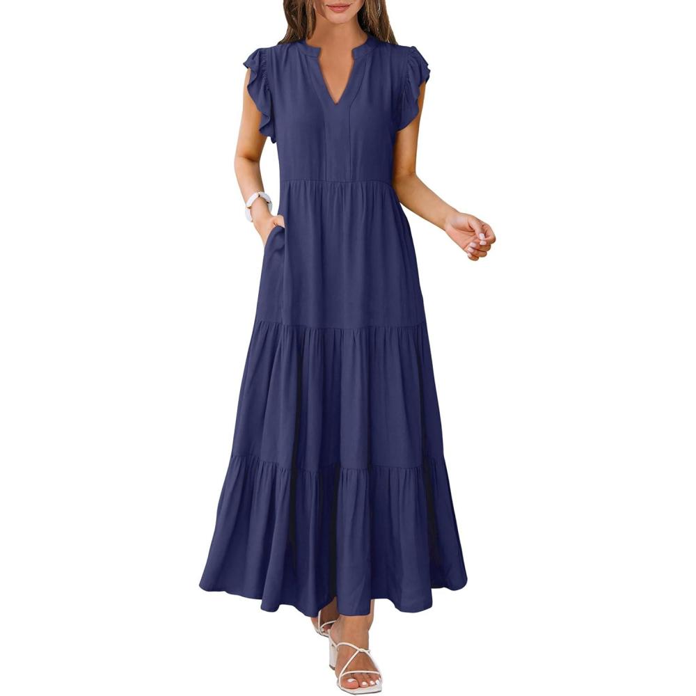 imageANRABESS Womens Summer Casual Maxi Dress V Neck Ruffle Sleeve Long Dresses Fashion Flowy Tiered Boho Beach Vacation SundressNavy Blue