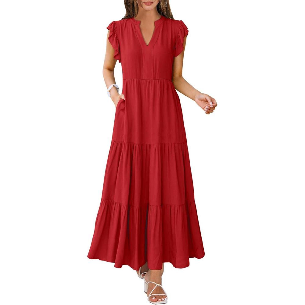 imageANRABESS Womens Summer Casual Maxi Dress V Neck Ruffle Sleeve Long Dresses Fashion Flowy Tiered Boho Beach Vacation SundressRed