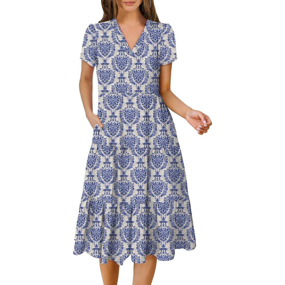 imageANRABESS Womens Summer Casual Short Sleeve V Neck Midi Dresses 2025 Spring Flowy Aline Tiered T Shirts Boho Beach DressBlue Khaki Floral