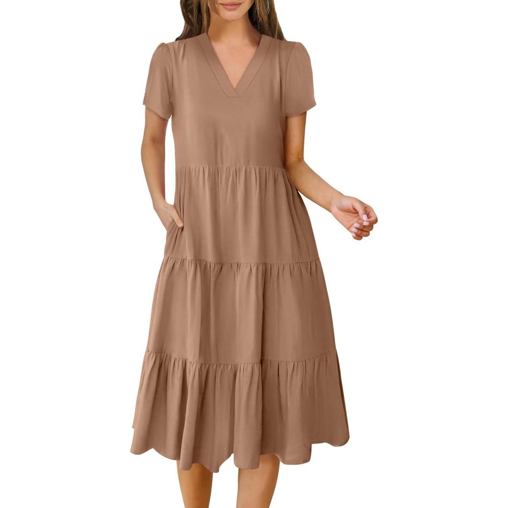 imageANRABESS Womens Summer Casual Short Sleeve V Neck Midi Dresses 2025 Spring Flowy Aline Tiered T Shirts Boho Beach DressBrown Beige