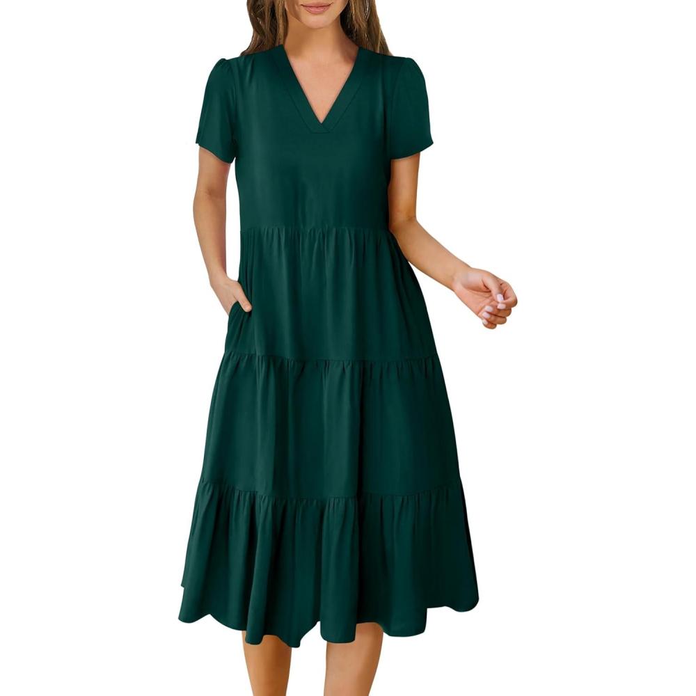 imageANRABESS Womens Summer Casual Short Sleeve V Neck Midi Dresses 2025 Spring Flowy Aline Tiered T Shirts Boho Beach DressDark Green