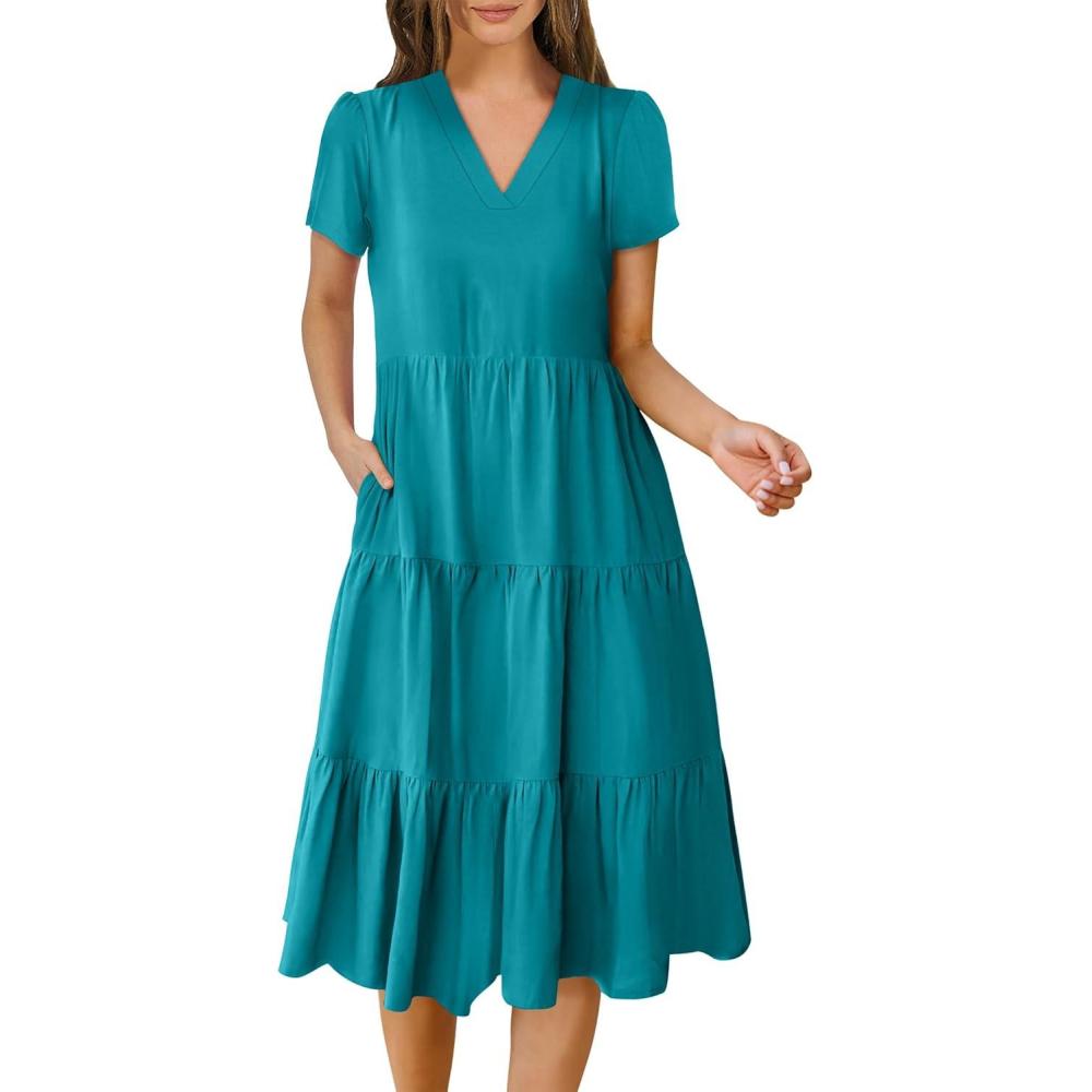 imageANRABESS Womens Summer Casual Short Sleeve V Neck Midi Dresses 2025 Spring Flowy Aline Tiered T Shirts Boho Beach DressLake Green