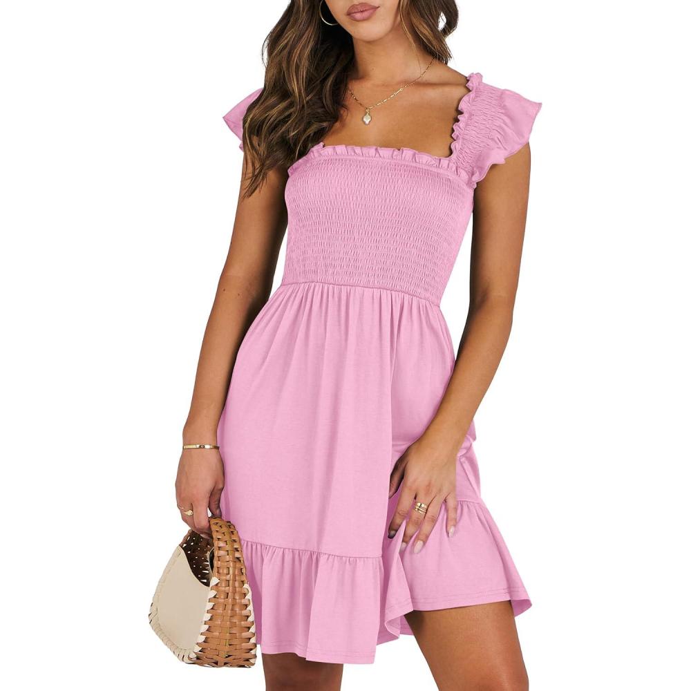 imageANRABESS Womens Summer Casual Sleeveless Square Neck Dress 2025 Smocked Ruffle Backless Boho Beach Cute Teen Short SundressPink