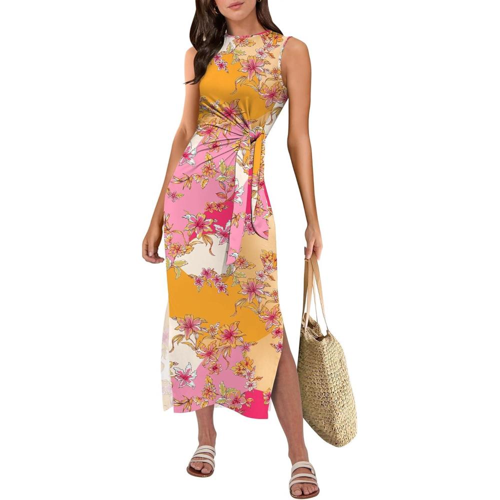 imageANRABESS Womens Summer Casual Sleeveless T Shirt Midi Dress Slim Fit Tie Waist Split Tank Long Dresses 2025 Vacation SundressPink Yellow Floral