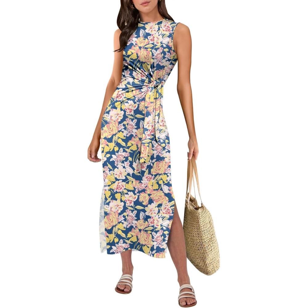 imageANRABESS Womens Summer Casual Sleeveless T Shirt Midi Dress Slim Fit Tie Waist Split Tank Long Dresses 2025 Vacation SundressPrint Blue Floral