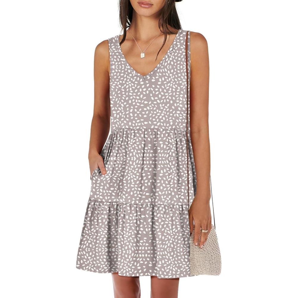 imageANRABESS Womens Summer Casual Tank Dress Sleeveless V Neck T Shirt Sundress Flowy Tiered Swing Mini Beach Vacation DressesKhaki Polka Dot