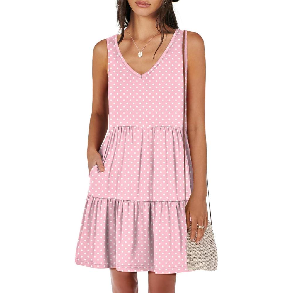 imageANRABESS Womens Summer Casual Tank Dress Sleeveless V Neck T Shirt Sundress Flowy Tiered Swing Mini Beach Vacation DressesPink White Dot