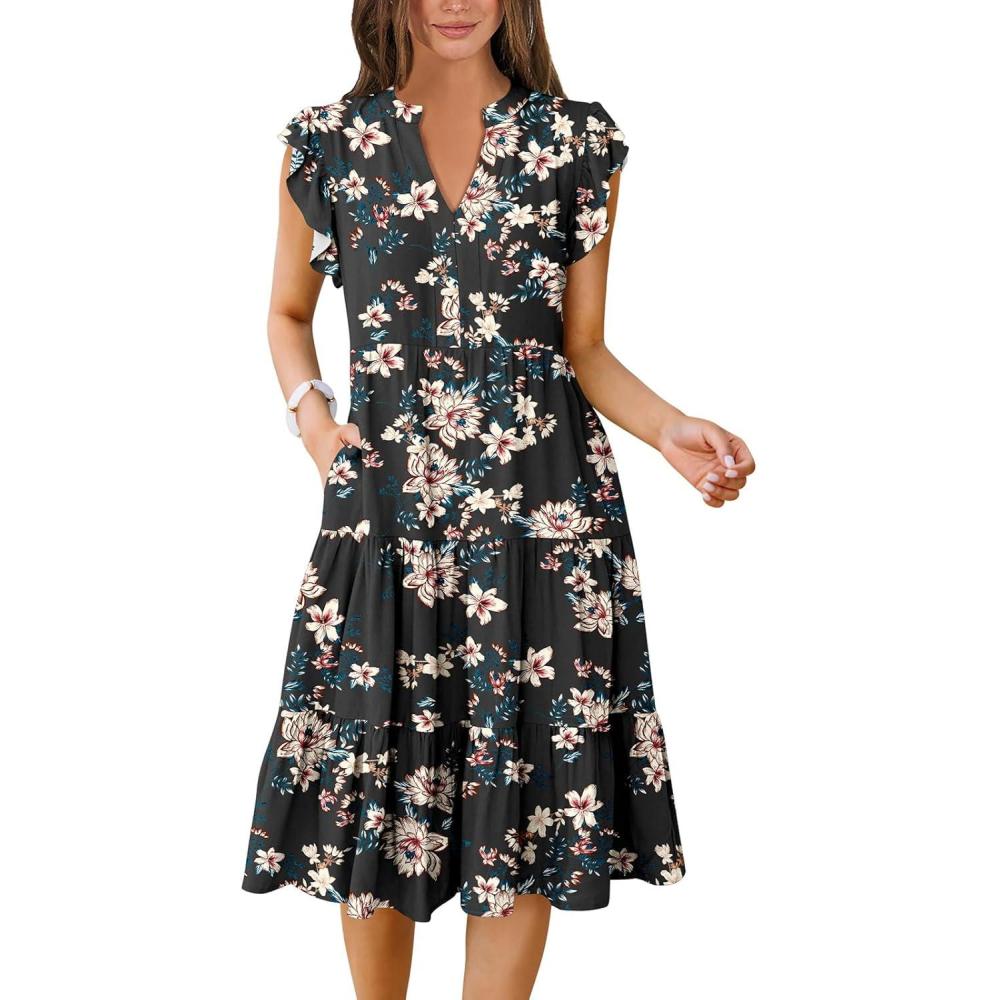 imageANRABESS Womens Summer Dress Ruffle Sleeve V Neck Midi Dresses Fashion Casual Fit Flowy Tiered Boho Beach Vacation SundressBlack Yellow Flower