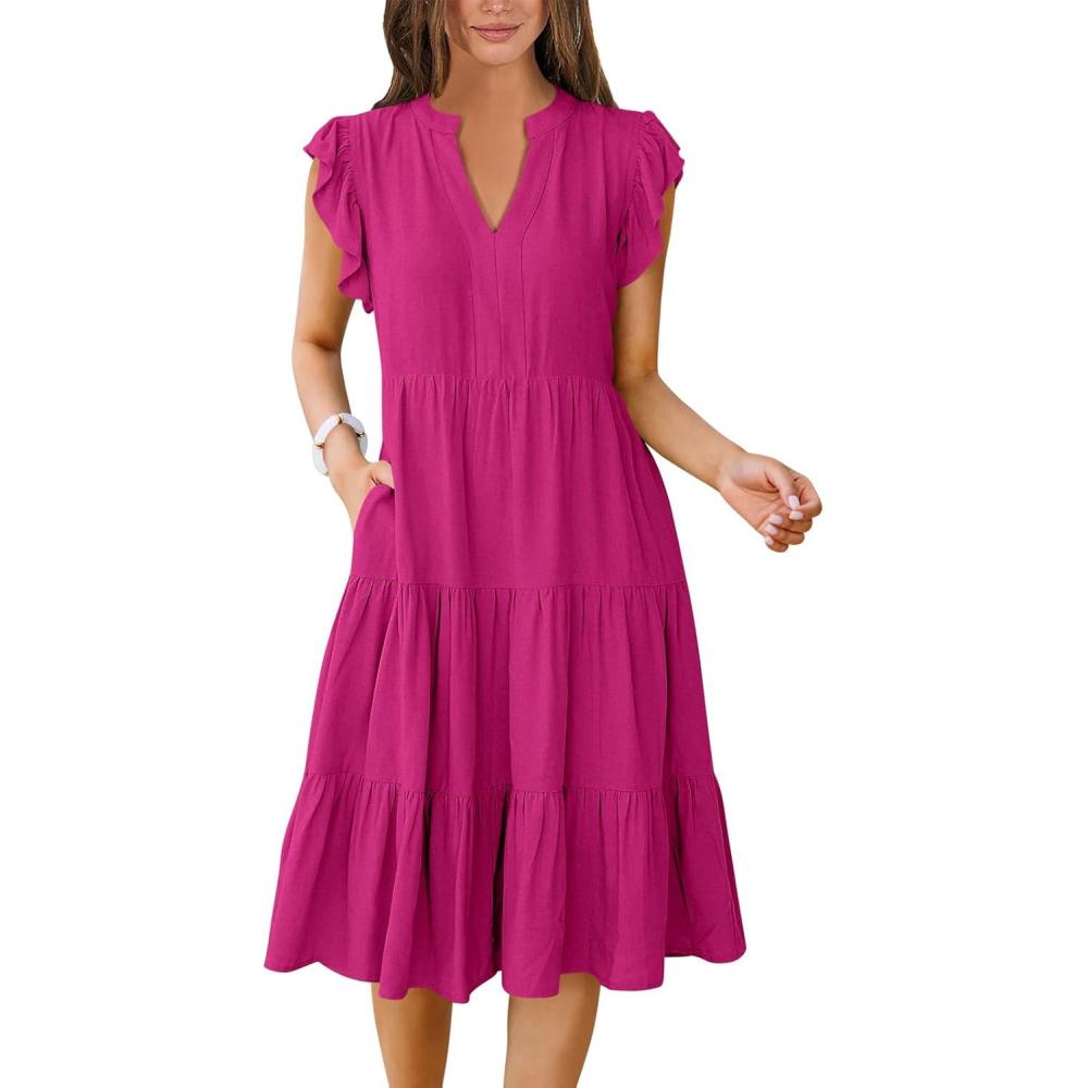 imageANRABESS Womens Summer Dress Ruffle Sleeve V Neck Midi Dresses Fashion Casual Fit Flowy Tiered Boho Beach Vacation SundressHot Pink