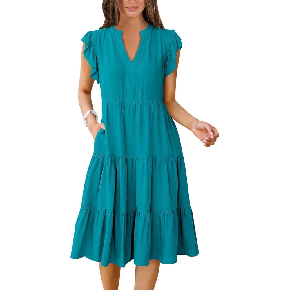 imageANRABESS Womens Summer Dress Ruffle Sleeve V Neck Midi Dresses Fashion Casual Fit Flowy Tiered Boho Beach Vacation SundressLake Green