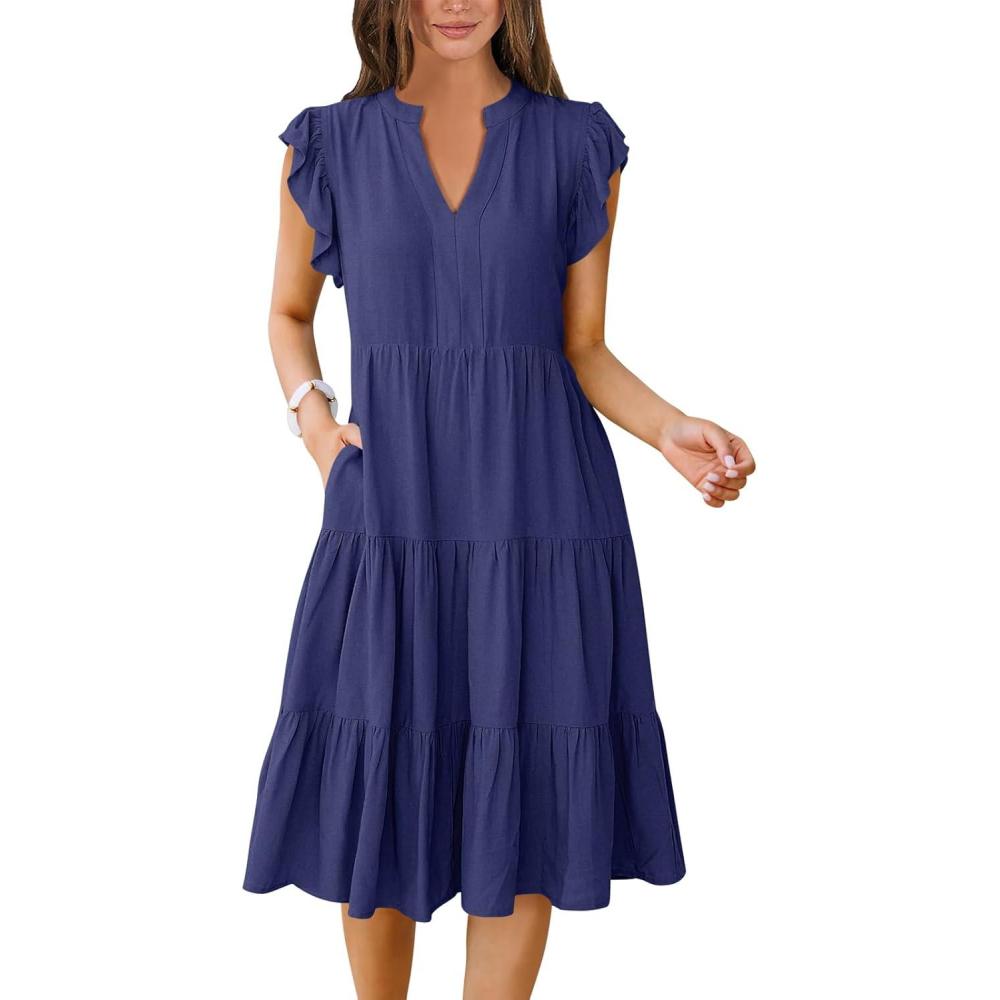 imageANRABESS Womens Summer Dress Ruffle Sleeve V Neck Midi Dresses Fashion Casual Fit Flowy Tiered Boho Beach Vacation SundressNavy Blue