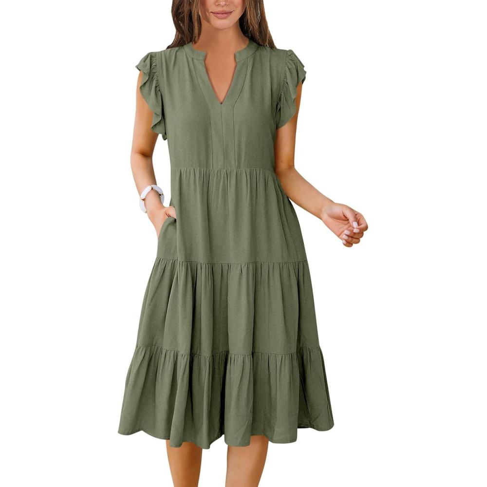 imageANRABESS Womens Summer Dress Ruffle Sleeve V Neck Midi Dresses Fashion Casual Fit Flowy Tiered Boho Beach Vacation SundressOlive