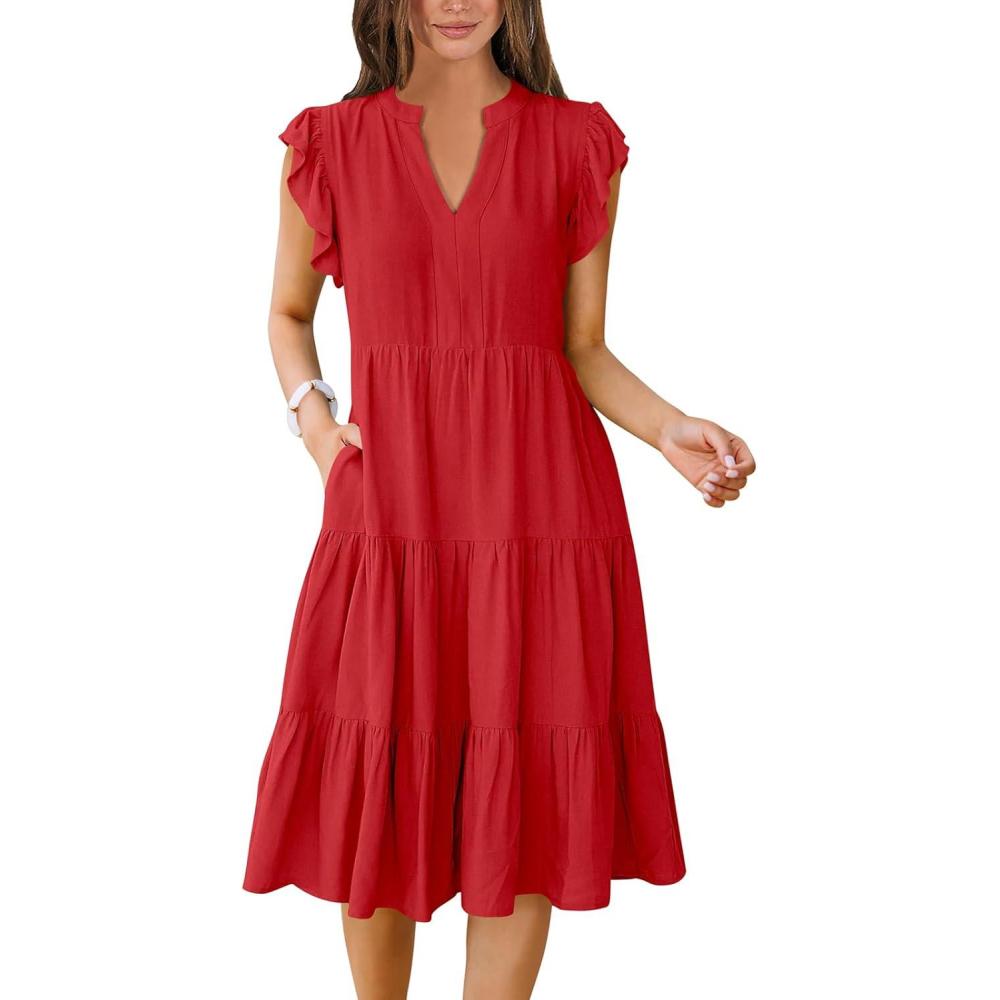imageANRABESS Womens Summer Dress Ruffle Sleeve V Neck Midi Dresses Fashion Casual Fit Flowy Tiered Boho Beach Vacation SundressRed
