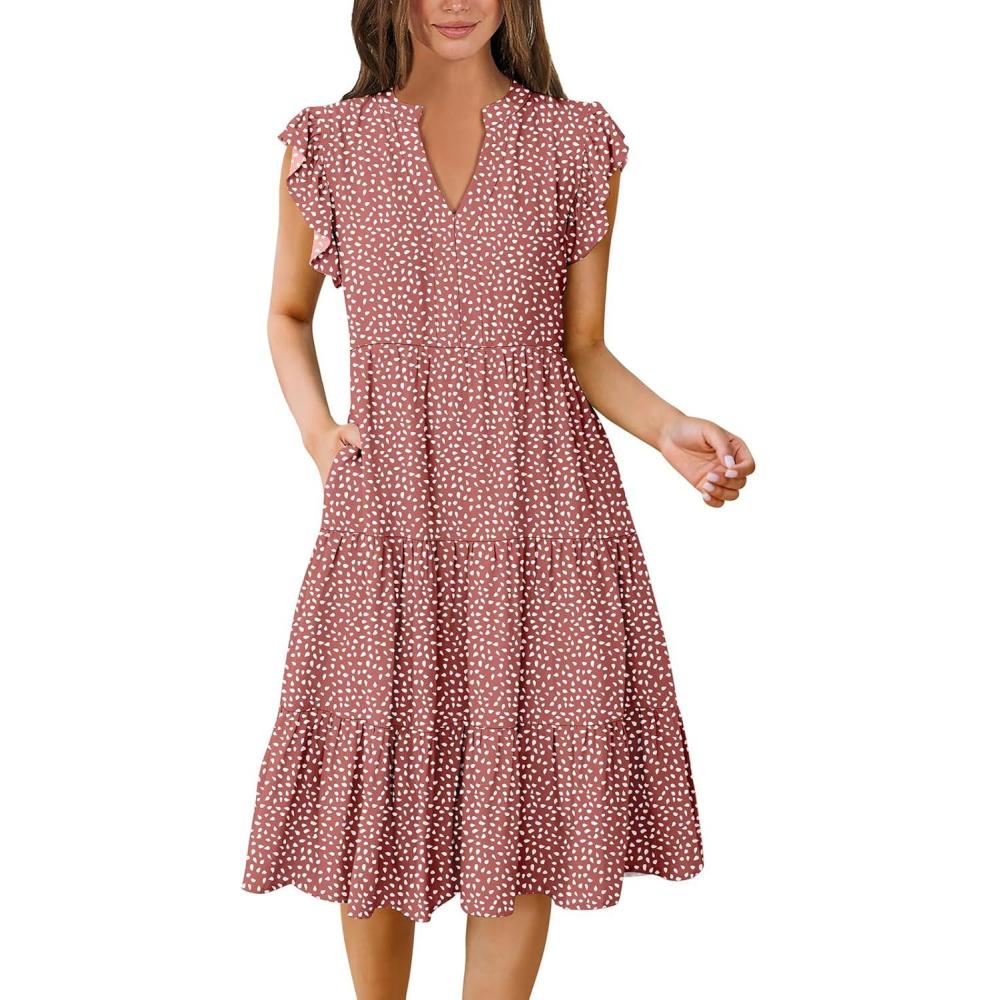 imageANRABESS Womens Summer Dress Ruffle Sleeve V Neck Midi Dresses Fashion Casual Fit Flowy Tiered Boho Beach Vacation SundressRust Red White Dot