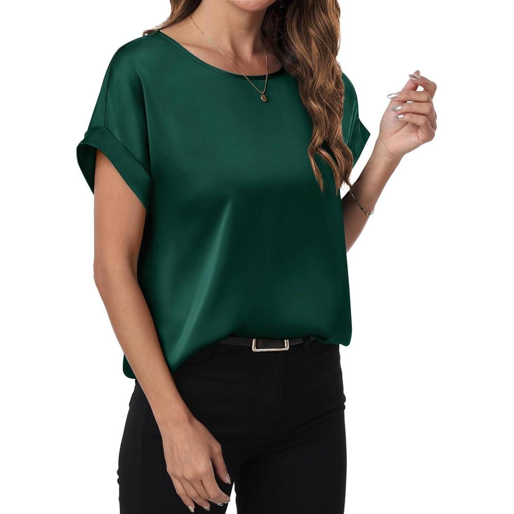 imageANRABESS Womens Summer Dressy Casual Short Sleeve Shirts Crewneck Satin 2025 Business Office Work Blouse TopsGreen