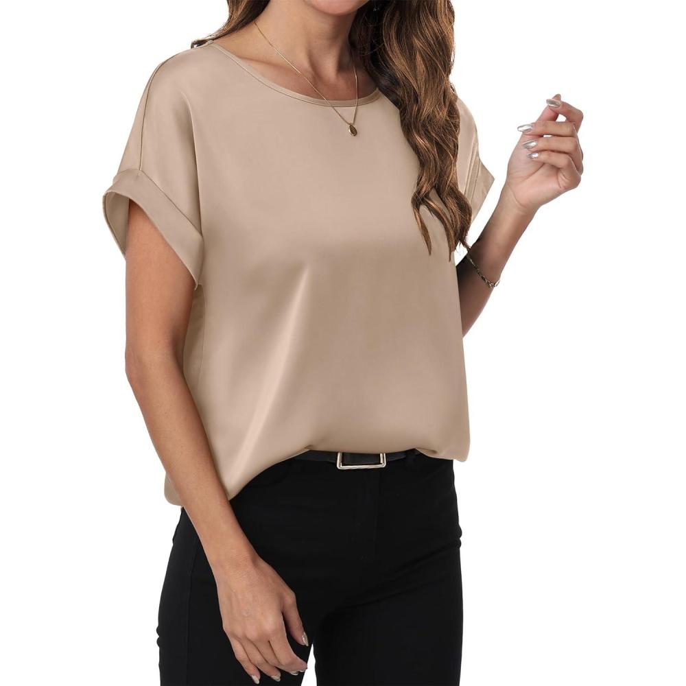 imageANRABESS Womens Summer Dressy Casual Short Sleeve Shirts Crewneck Satin 2025 Business Office Work Blouse TopsKhaki