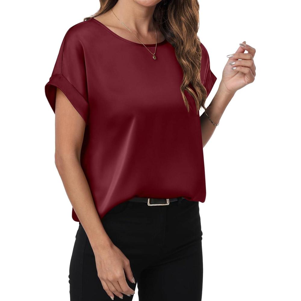 imageANRABESS Womens Summer Dressy Casual Short Sleeve Shirts Crewneck Satin 2025 Business Office Work Blouse TopsWine Red
