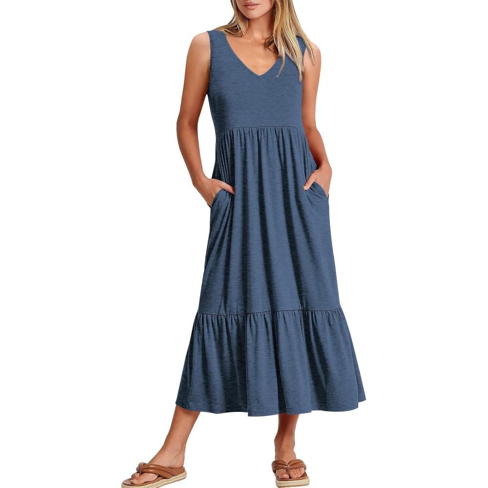 imageANRABESS Womens Summer Maxi Dresses Fit ampamp Flare Flowy V Neck Sleeveless Swing Casual Tiered Beach Sundress with PocketsBlue