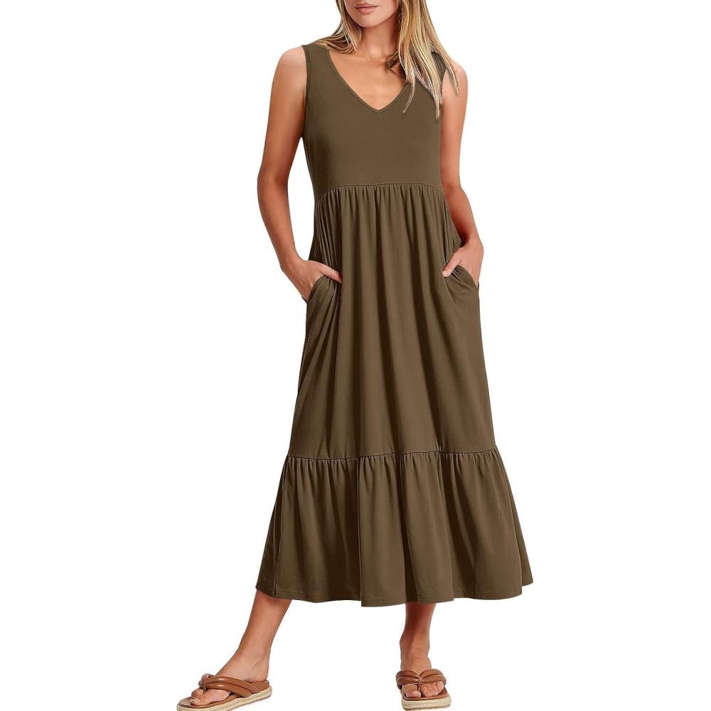 imageANRABESS Womens Summer Maxi Dresses Fit ampamp Flare Flowy V Neck Sleeveless Swing Casual Tiered Beach Sundress with PocketsCoffee