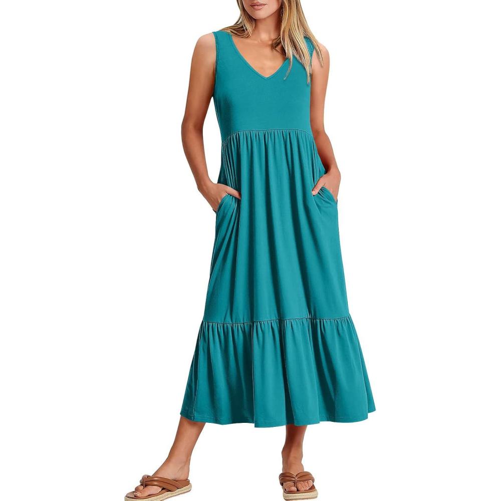 imageANRABESS Womens Summer Maxi Dresses Fit ampamp Flare Flowy V Neck Sleeveless Swing Casual Tiered Beach Sundress with PocketsLake
