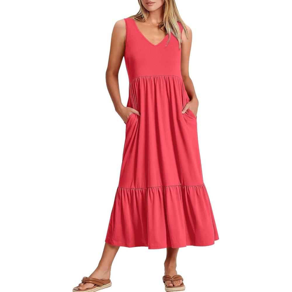 imageANRABESS Womens Summer Maxi Dresses Fit ampamp Flare Flowy V Neck Sleeveless Swing Casual Tiered Beach Sundress with PocketsPeach