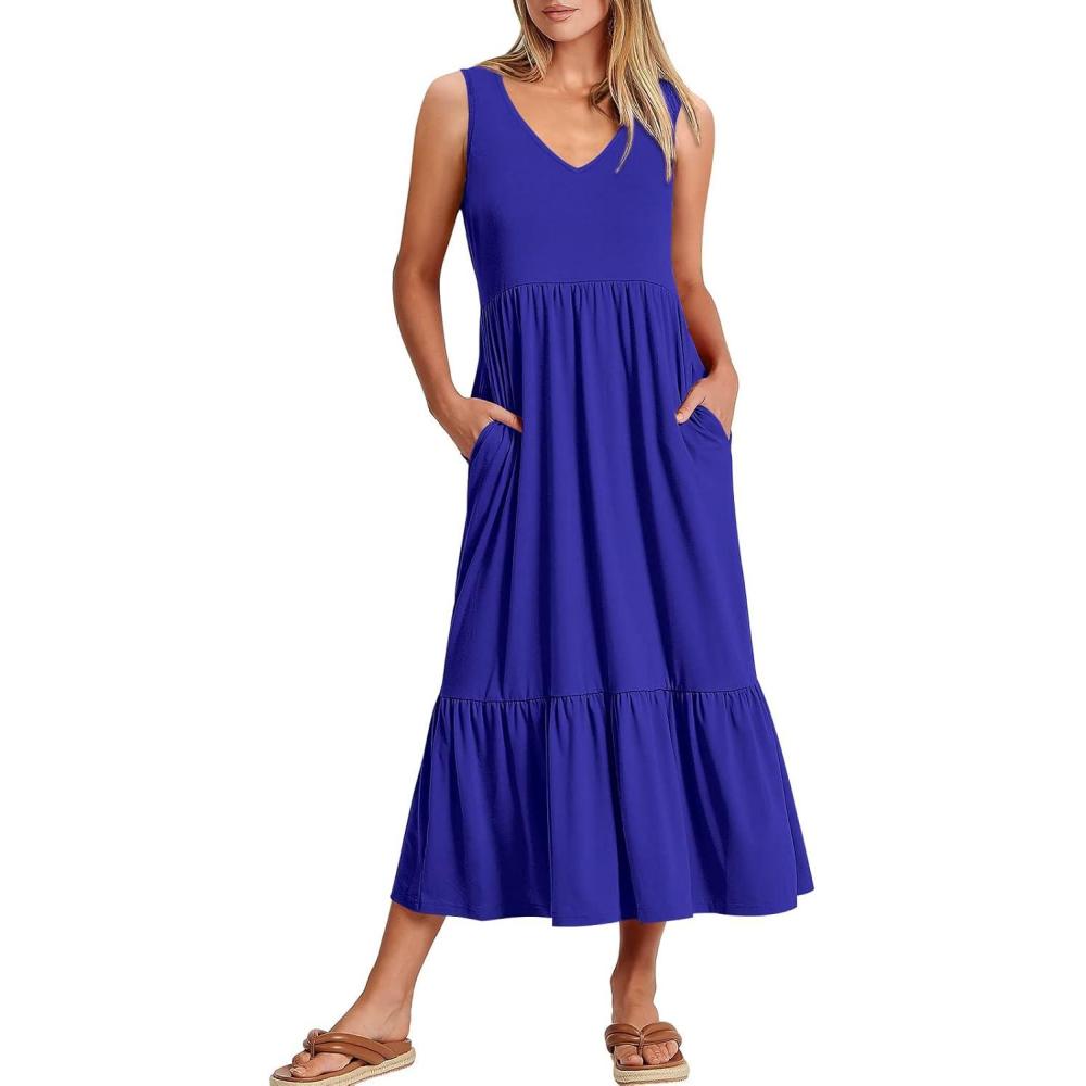 imageANRABESS Womens Summer Maxi Dresses Fit ampamp Flare Flowy V Neck Sleeveless Swing Casual Tiered Beach Sundress with PocketsRoyal Blue