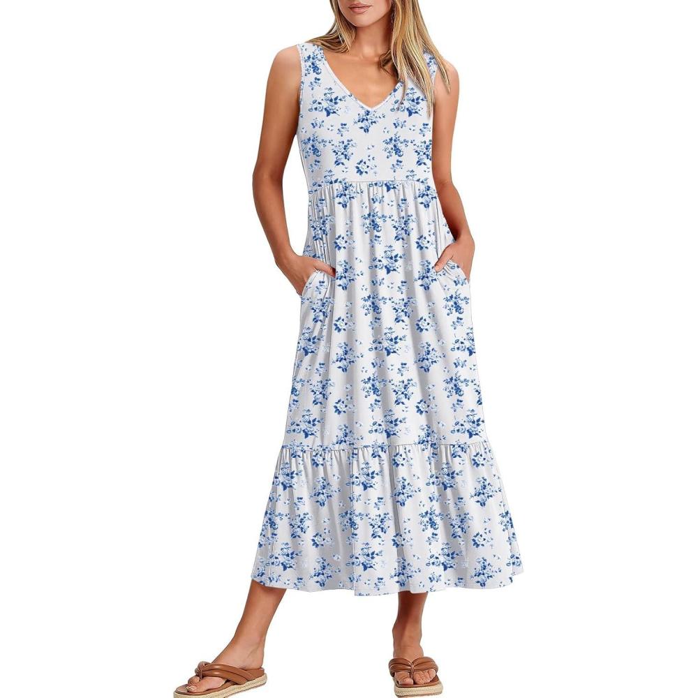 imageANRABESS Womens Summer Maxi Dresses Fit ampamp Flare Flowy V Neck Sleeveless Swing Casual Tiered Beach Sundress with PocketsWhite With Floral Blue