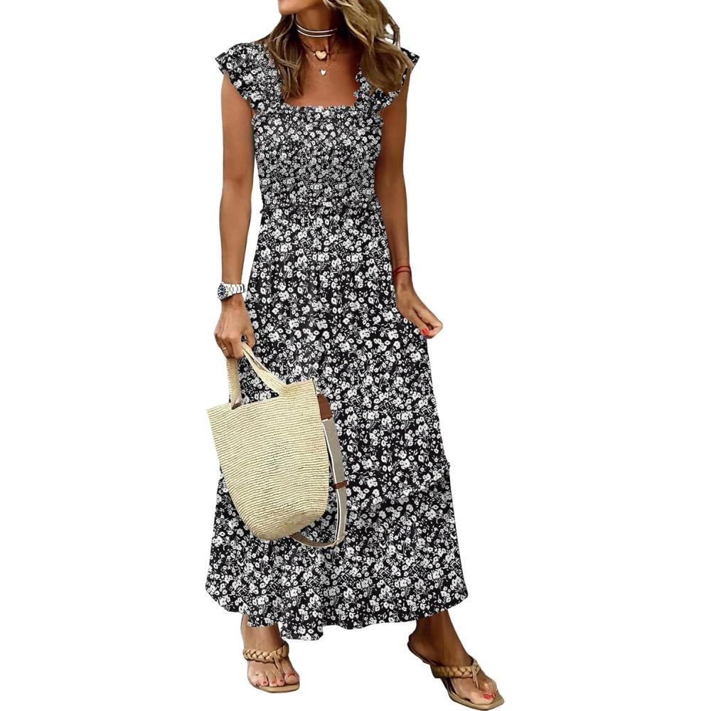imageANRABESS Womens Summer Sleeveless Maxi Dress Square Neck Smocked Boho Casual Ruffle Strap Flowy ALine Long Beach SundressBlack Floral
