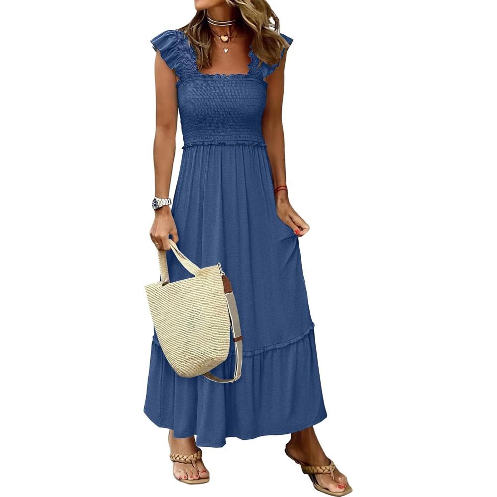 imageANRABESS Womens Summer Sleeveless Maxi Dress Square Neck Smocked Boho Casual Ruffle Strap Flowy ALine Long Beach SundressBlue
