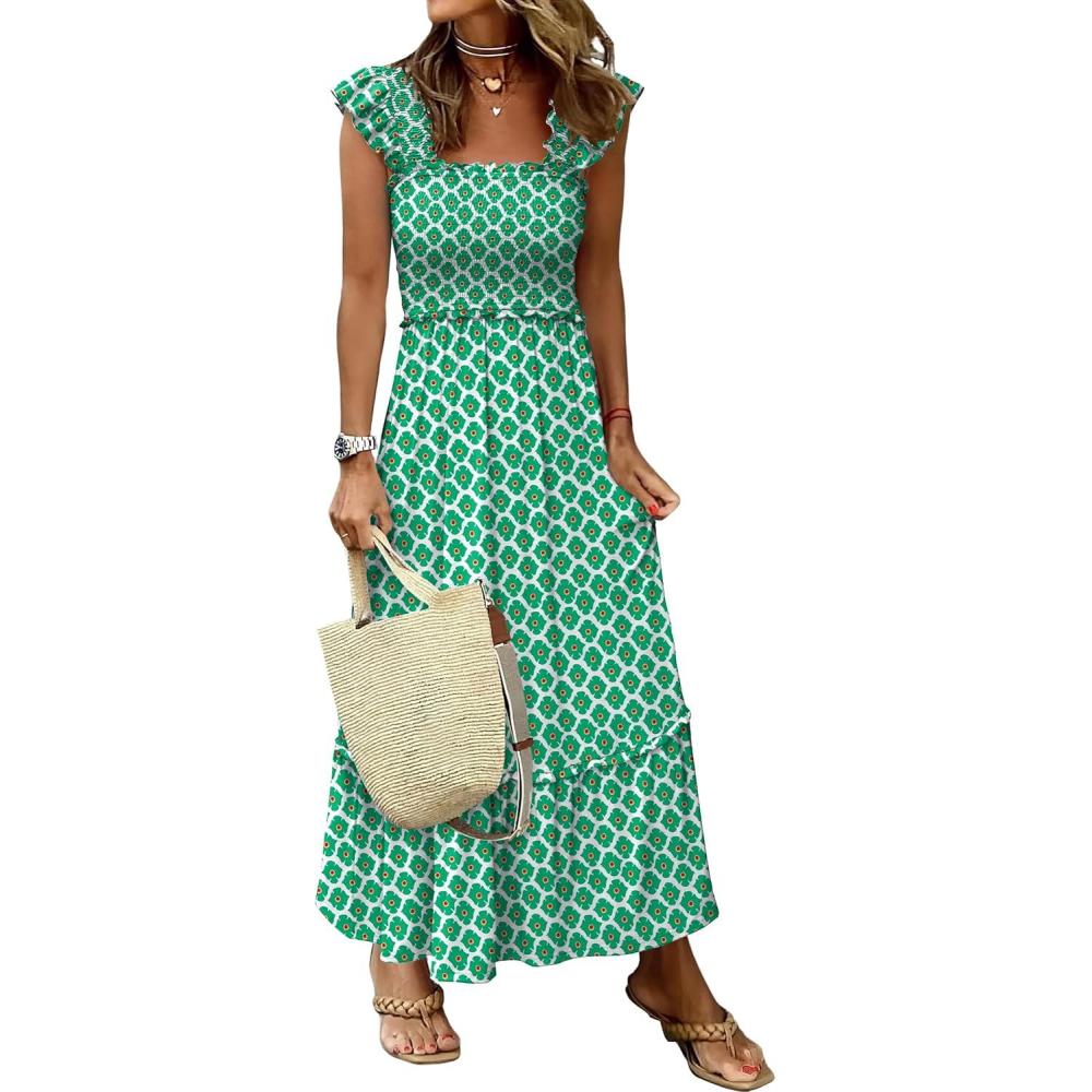 imageANRABESS Womens Summer Sleeveless Maxi Dress Square Neck Smocked Boho Casual Ruffle Strap Flowy ALine Long Beach SundressGreen Floral