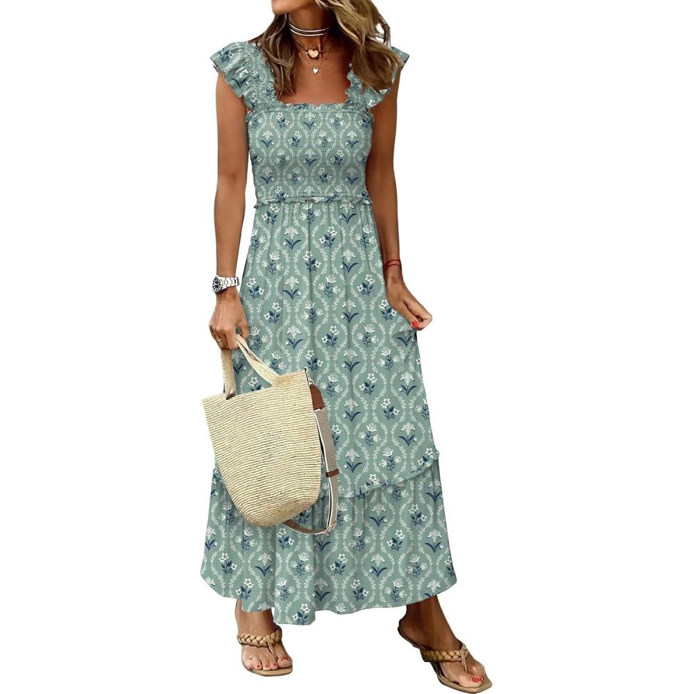 imageANRABESS Womens Summer Sleeveless Maxi Dress Square Neck Smocked Boho Casual Ruffle Strap Flowy ALine Long Beach SundressLight Green White Floral