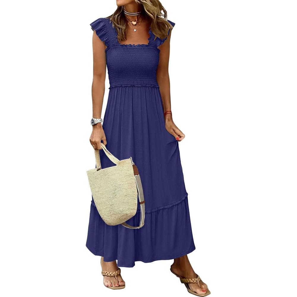 imageANRABESS Womens Summer Sleeveless Maxi Dress Square Neck Smocked Boho Casual Ruffle Strap Flowy ALine Long Beach SundressNavy Blue