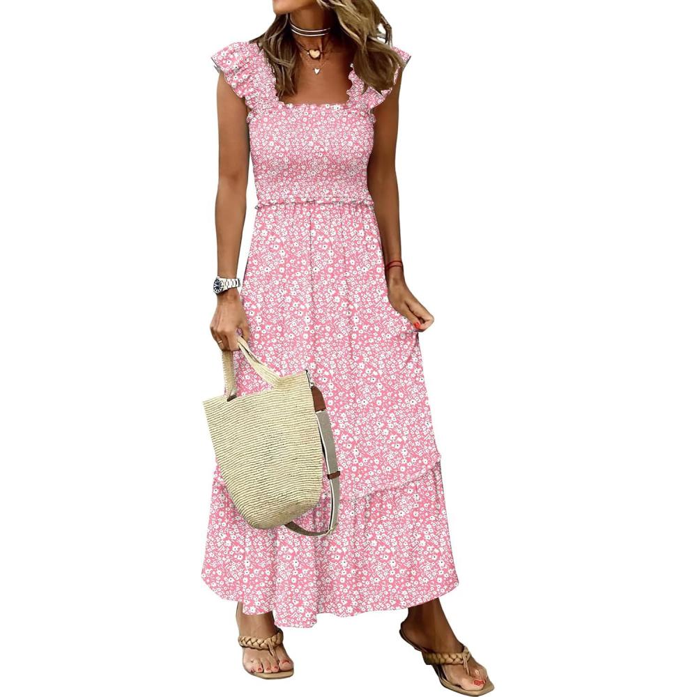 imageANRABESS Womens Summer Sleeveless Maxi Dress Square Neck Smocked Boho Casual Ruffle Strap Flowy ALine Long Beach SundressPrint Floral Pink
