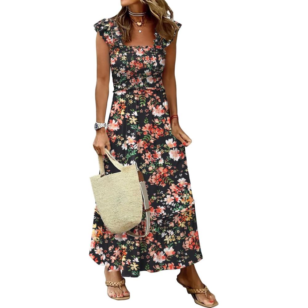 imageANRABESS Womens Summer Sleeveless Maxi Dress Square Neck Smocked Boho Casual Ruffle Strap Flowy ALine Long Beach SundressPrint Orange Floral