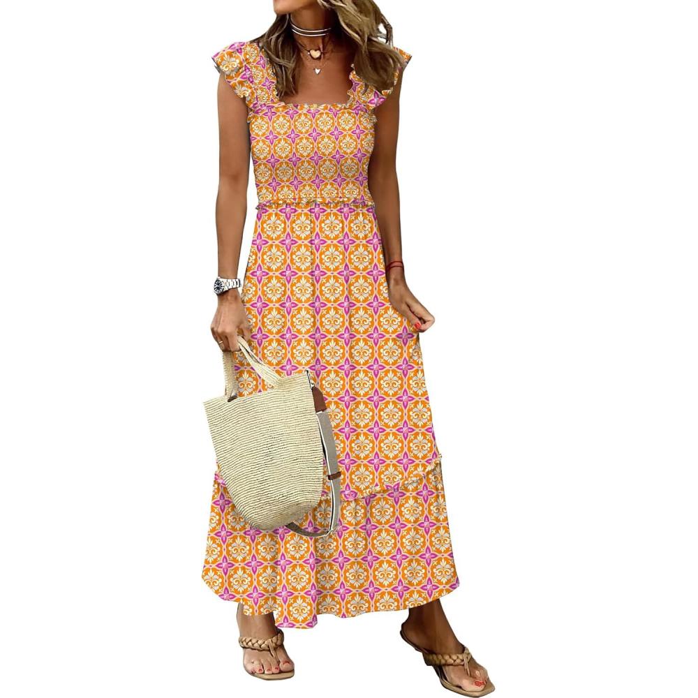 imageANRABESS Womens Summer Sleeveless Maxi Dress Square Neck Smocked Boho Casual Ruffle Strap Flowy ALine Long Beach SundressPrint Yellow Purple