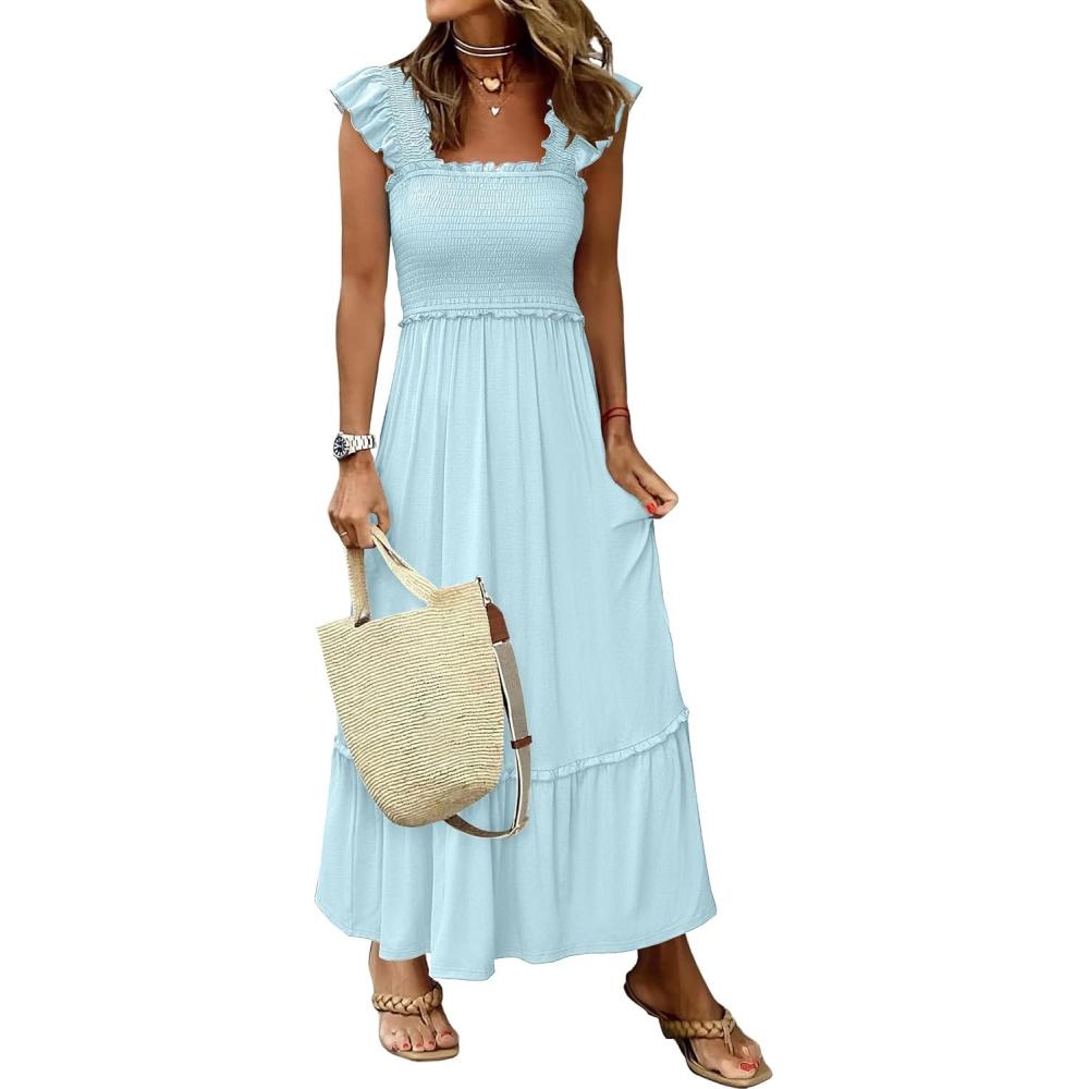imageANRABESS Womens Summer Sleeveless Maxi Dress Square Neck Smocked Boho Casual Ruffle Strap Flowy ALine Long Beach SundressSky Blue