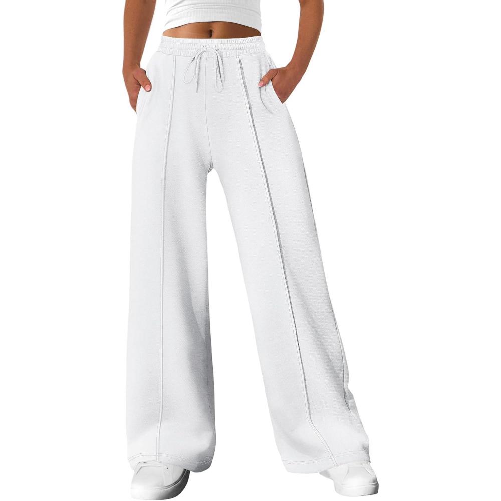 imageANRABESS Womens Sweatpants Wide Leg Casual Loose Baggy Lounge Travel Pants 2025 Fall Drawstring Joggers with PocketsWhite