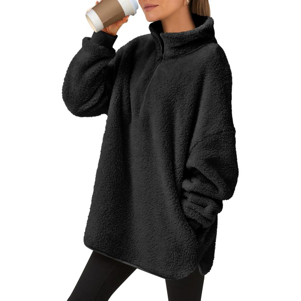 imageANRABESS Womens Sweatshirt Sherpa Fuzzy Fleece Zip Up Hoodies Cozy Pullover Soft Sweaters Tops 2025 Fall Trendy ClothesBlack