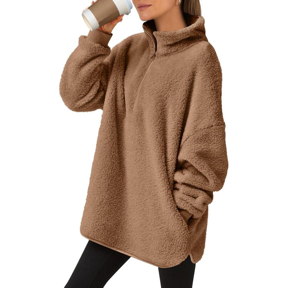 imageANRABESS Womens Sweatshirt Sherpa Fuzzy Fleece Zip Up Hoodies Cozy Pullover Soft Sweaters Tops 2025 Fall Trendy ClothesBrown